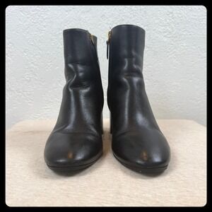 Tory Burch Black Leather Block Heel Ankle Boots Gold Logo Women's Size 7